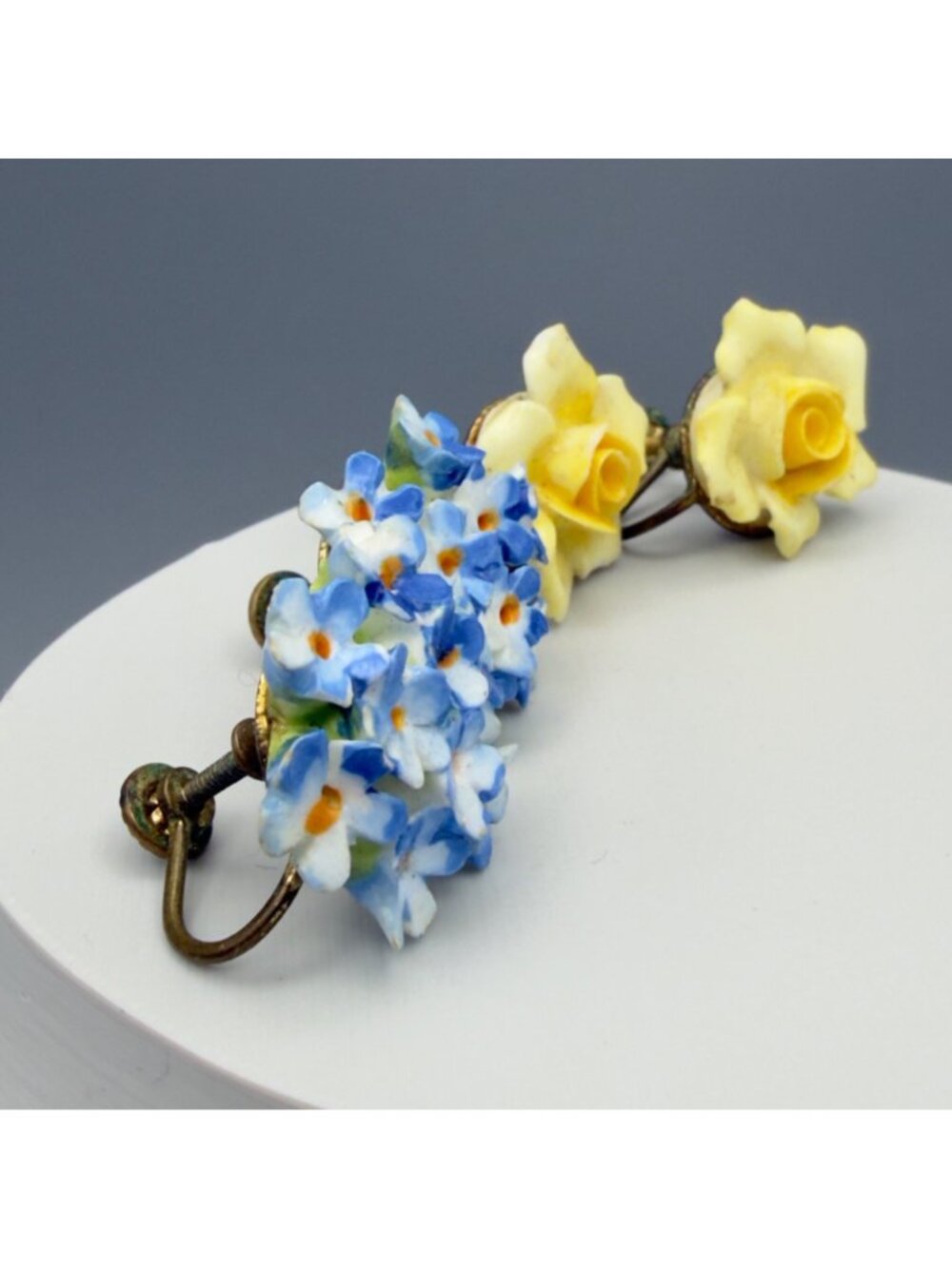 Vintage Denton England Blue Yellow Porcelain Flower Cluster Earrings Set of 2 - Picture 2 of 14